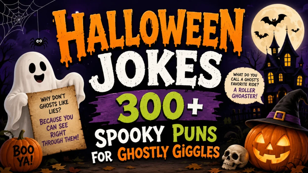 Halloween Jokes banner with friendly ghost, haunted house, pumpkins, and 300+ spooky puns for ghostly giggles