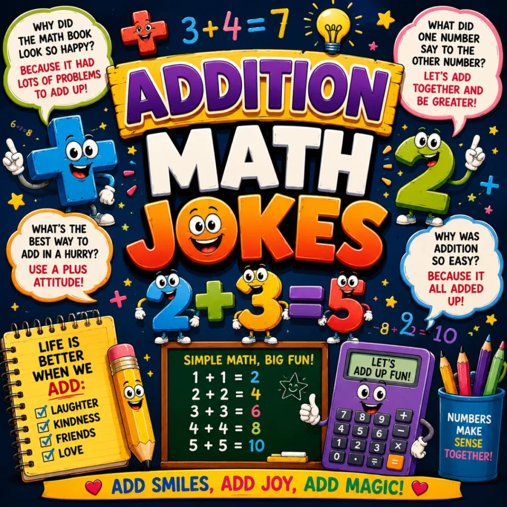 Addition Math Jokes poster with cartoon numbers, plus signs, calculator, and funny addition-themed math humor