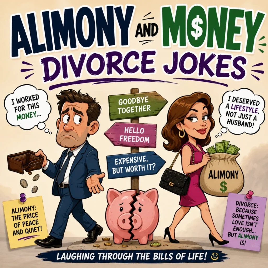 Alimony and money divorce jokes illustration with a split piggy bank, empty wallet, and humorous financial divorce theme