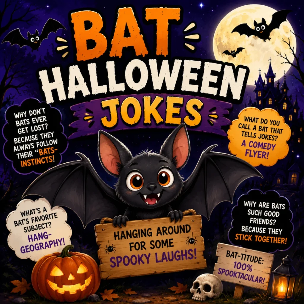 Bat Halloween jokes poster with cute cartoon bat, full moon, pumpkins, haunted house, and funny spooky puns