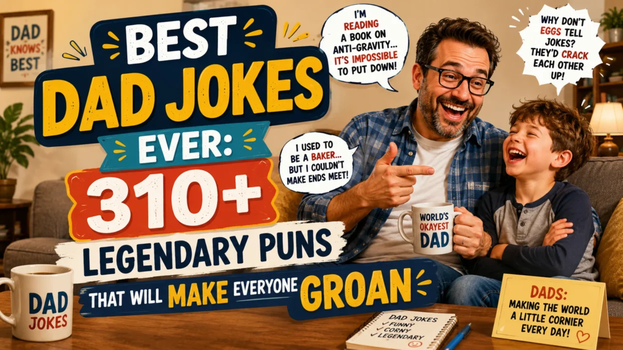 Happy dad telling funny dad jokes with child laughing, promoting 310+ best dad jokes and legendary puns collection