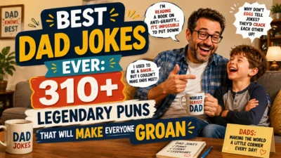 Happy dad telling funny dad jokes with child laughing, promoting 310+ best dad jokes and legendary puns collection