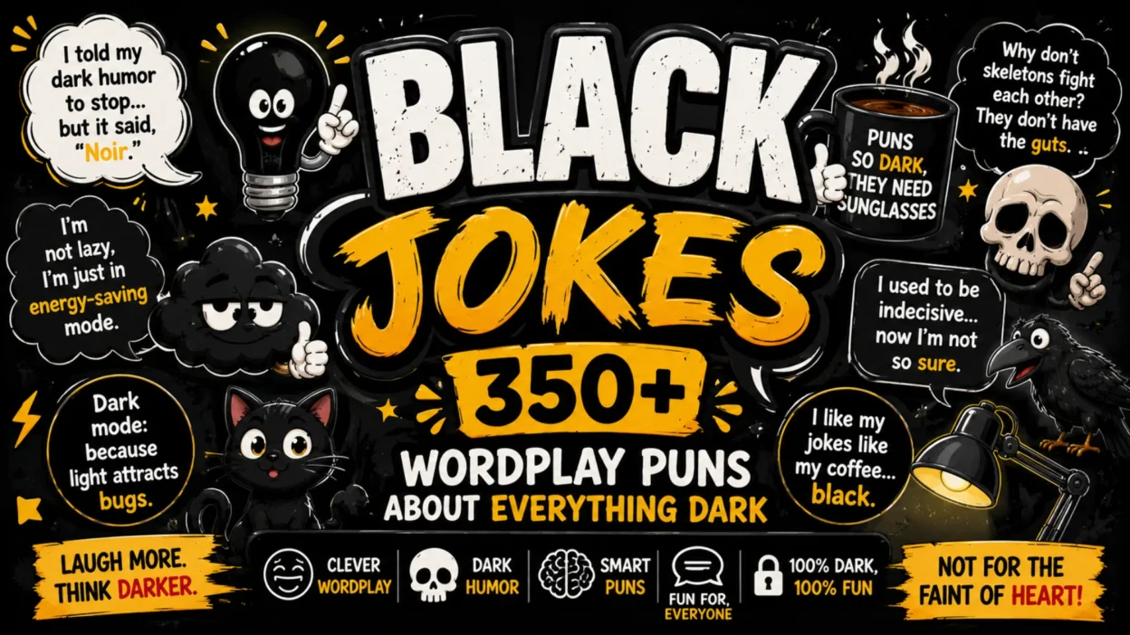 Black Jokes banner with 350+ dark wordplay puns, black cat, raven, light bulb, and humorous dark-themed illustrations