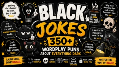 Black Jokes banner with 350+ dark wordplay puns, black cat, raven, light bulb, and humorous dark-themed illustrations