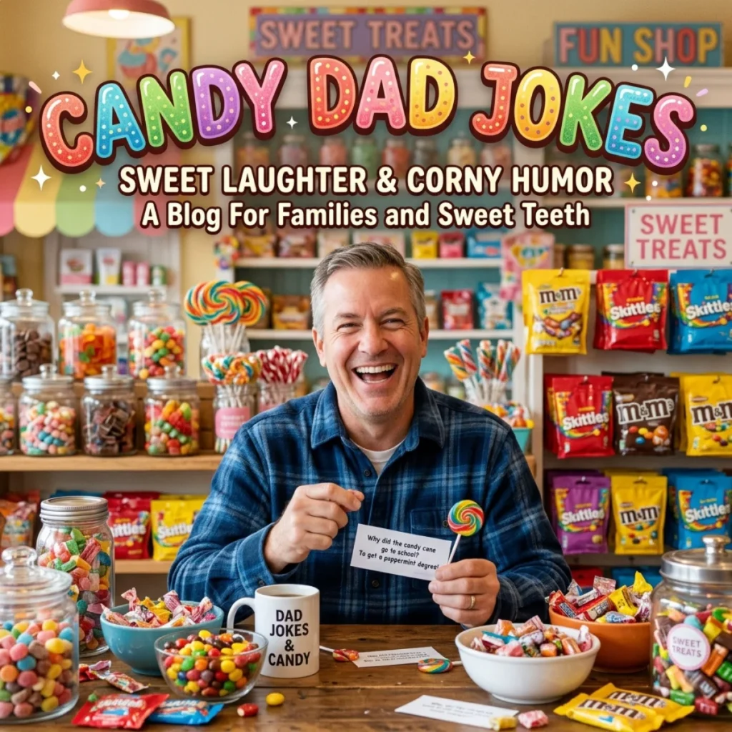 Candy dad jokes with sweet puns and family-friendly Halloween humor for trick-or-treat fun