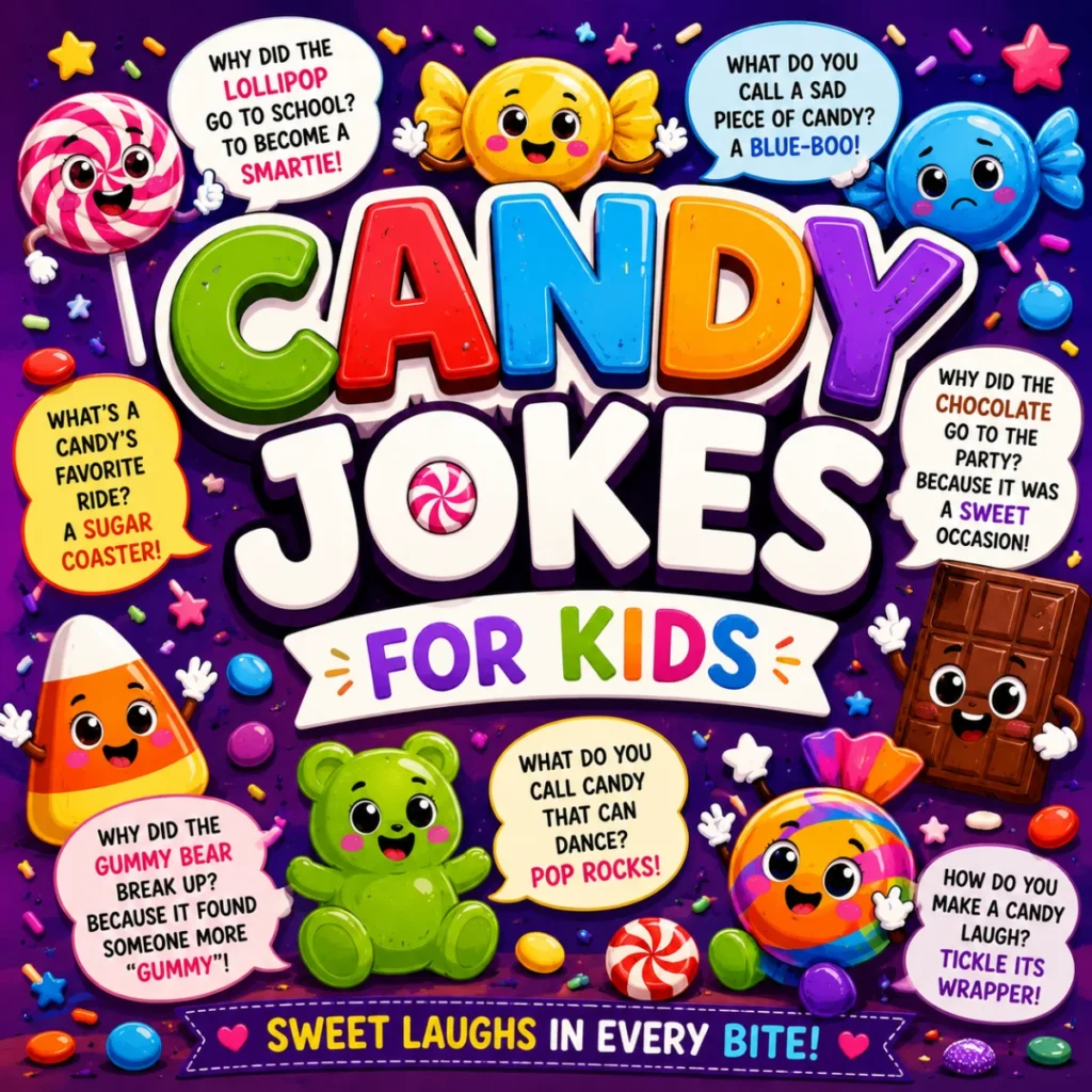 Candy jokes for kids poster with cute candy characters, lollipops, gummy bears, and funny sweet-themed jokes