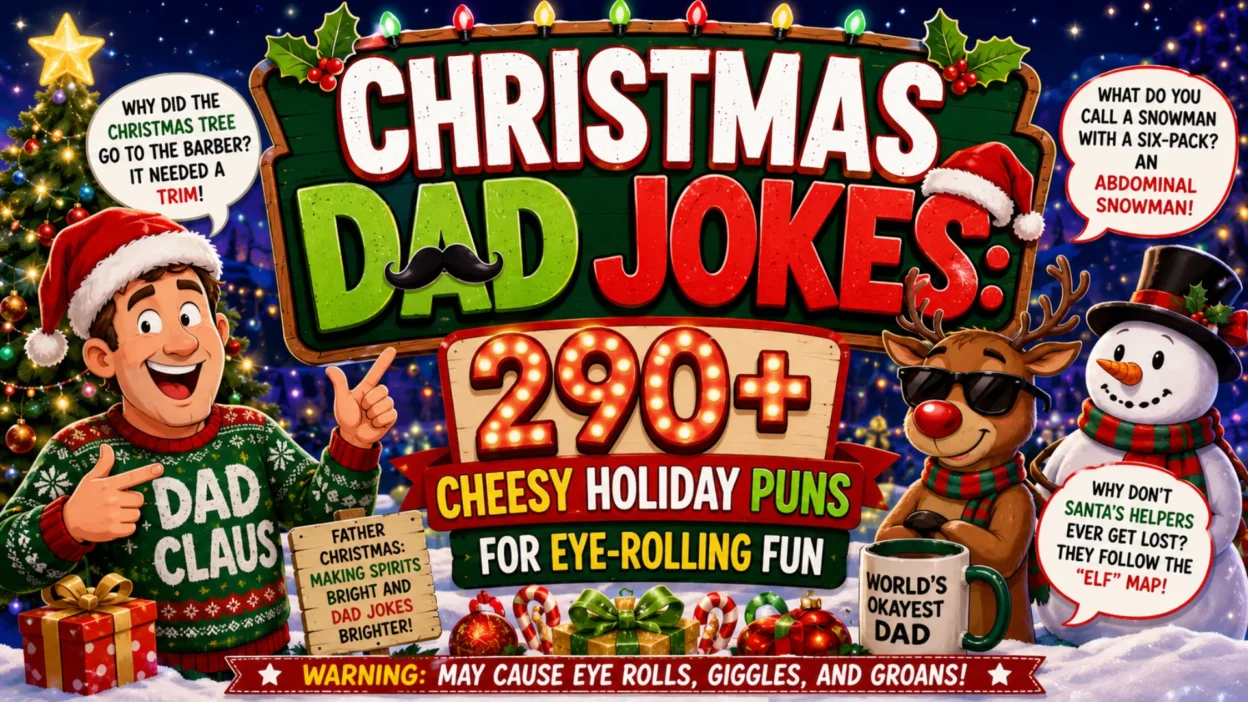 Christmas dad jokes banner with festive dad, reindeer, snowman, and 290+ cheesy holiday puns