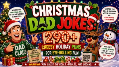 Christmas dad jokes banner with festive dad, reindeer, snowman, and 290+ cheesy holiday puns