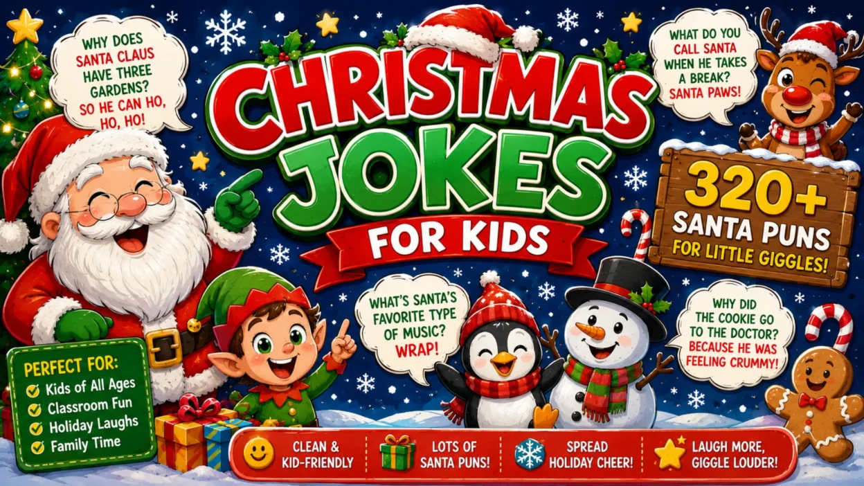 Christmas Jokes for Kids banner with Santa, snowman, reindeer, penguin, and 320+ festive Santa puns