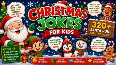 Christmas Jokes for Kids banner with Santa, snowman, reindeer, penguin, and 320+ festive Santa puns