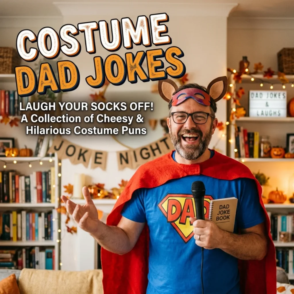 Costume dad jokes with funny Halloween puns and family-friendly humor for spooky dress-up fun