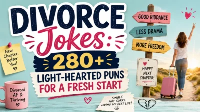 Divorce Jokes 280+ light-hearted puns for a fresh start banner with cheerful typography and a woman embracing freedom