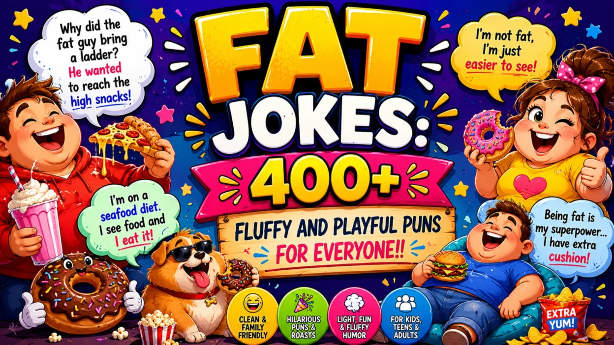 Fat Jokes poster with 400+ fluffy and playful puns, cartoon characters, donut, burger, and family-friendly humor