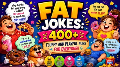 Fat Jokes poster with 400+ fluffy and playful puns, cartoon characters, donut, burger, and family-friendly humor