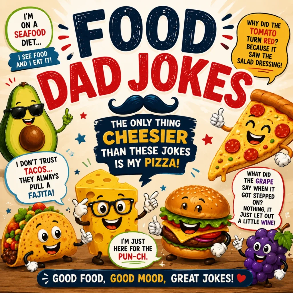 Funny food dad jokes image with smiling pizza, burger, cheese, taco, and avocado characters sharing cheesy puns