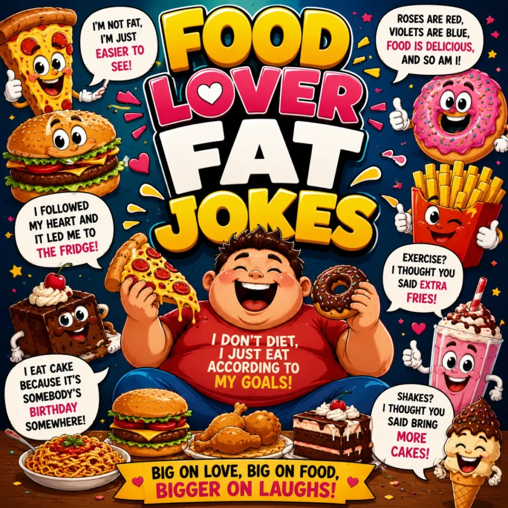 Food Lover Fat Jokes poster with pizza, burgers, donuts, desserts, and funny food-themed humor