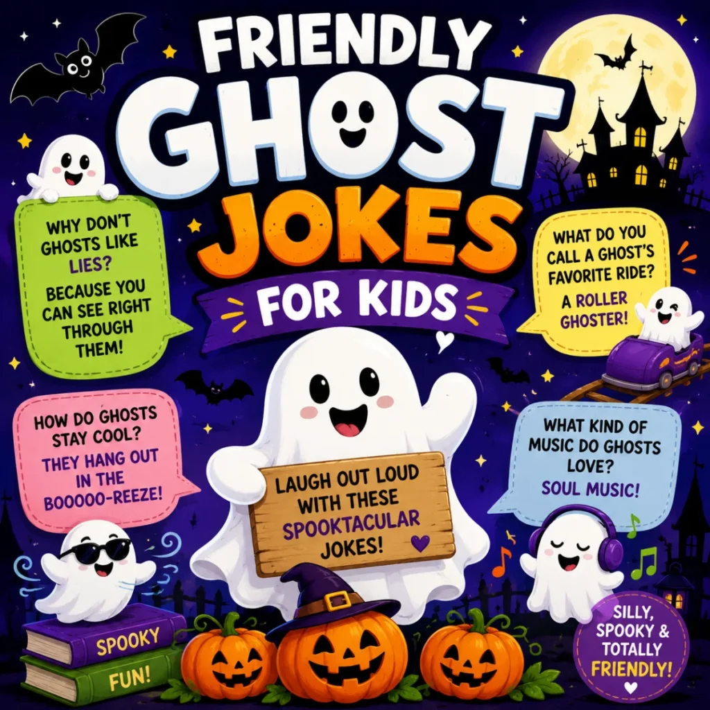 Friendly ghost jokes for kids poster with cute ghosts, Halloween pumpkins, and funny spooky jokes for children
