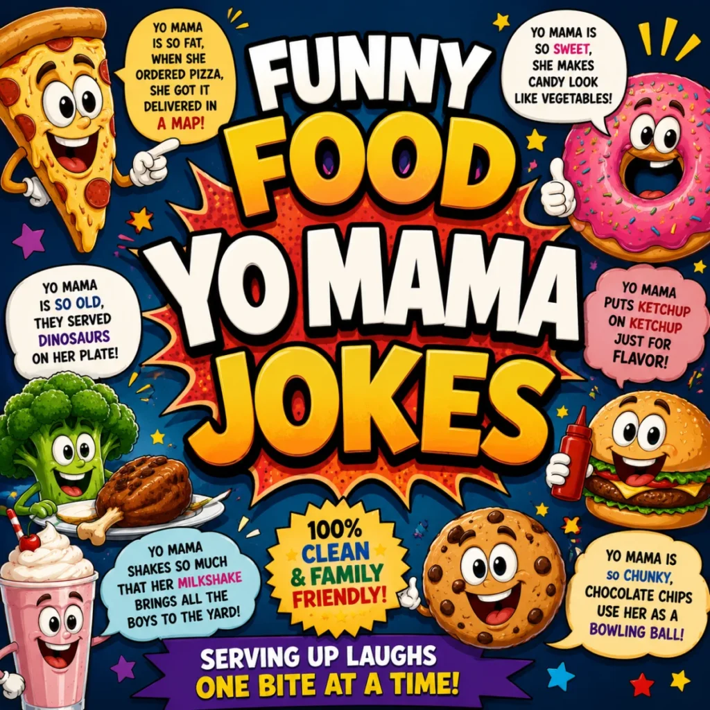 Funny Food Yo Mama Jokes poster with cartoon pizza, donut, burger, cookie, and clean family-friendly humor
