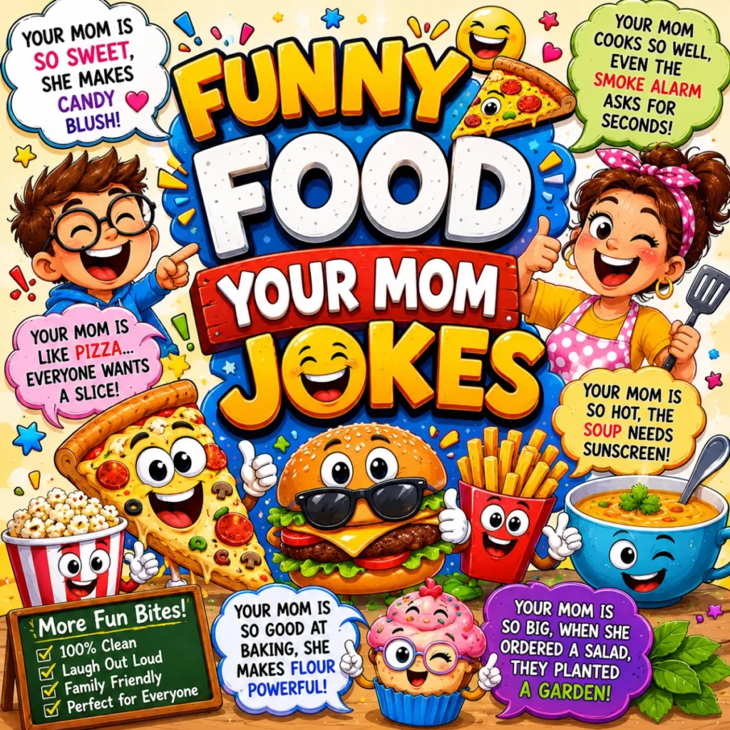 Funny Food Your Mom Jokes poster with cartoon pizza, burger, fries, soup, and family-friendly food humor