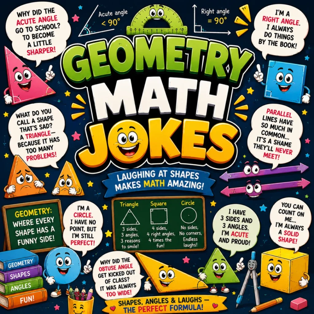 Geometry Math Jokes poster with cartoon shapes, angles, rulers, and funny geometry puns for students
