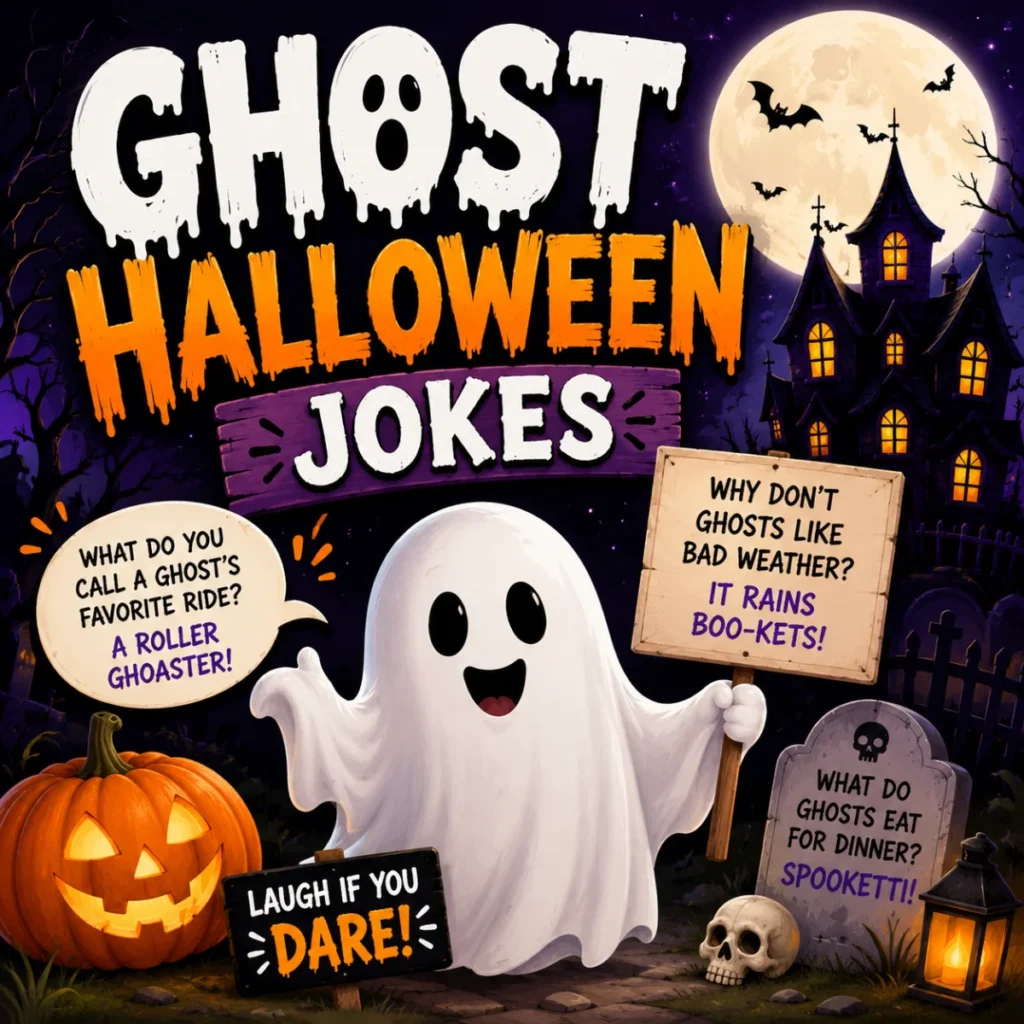 Ghost Halloween jokes poster with cute ghost, haunted house, pumpkin, and funny spooky puns under a full moon