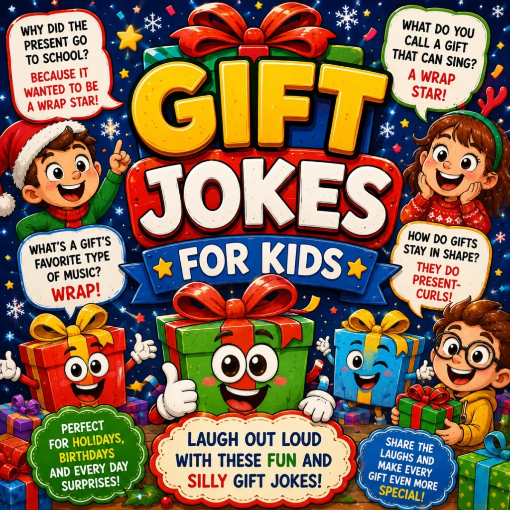 Gift Jokes for Kids poster with smiling gift boxes, holiday presents, and funny kid-friendly gift puns