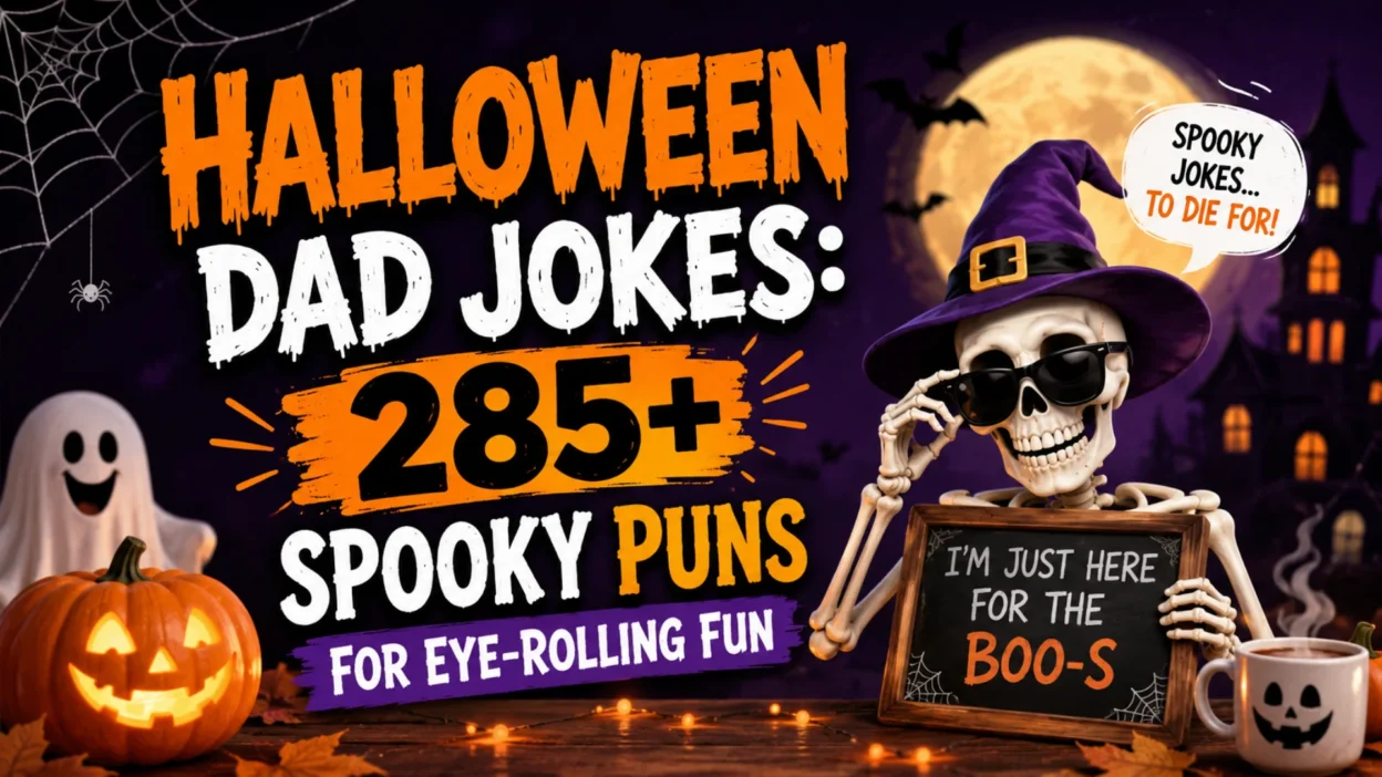 Halloween Dad Jokes banner with spooky skeleton, pumpkins, ghost, and funny Halloween puns for family laughs