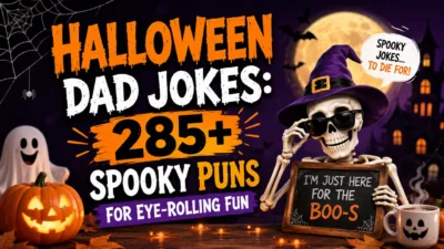 Halloween Dad Jokes banner with spooky skeleton, pumpkins, ghost, and funny Halloween puns for family laughs