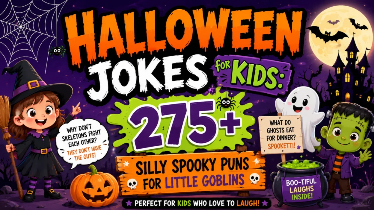 Halloween jokes for kids banner with ghosts, witch, Frankenstein, pumpkins, and 275+ silly spooky puns