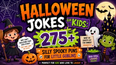 Halloween jokes for kids banner with ghosts, witch, Frankenstein, pumpkins, and 275+ silly spooky puns