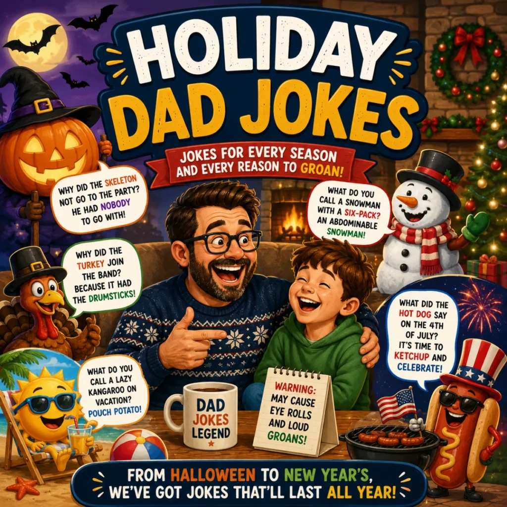 Father and son enjoying funny holiday dad jokes with Christmas, Halloween, summer, and festive cartoon characters