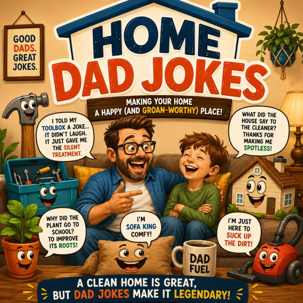 Father and son laughing at home with funny household dad jokes and cartoon home items sharing family-friendly puns