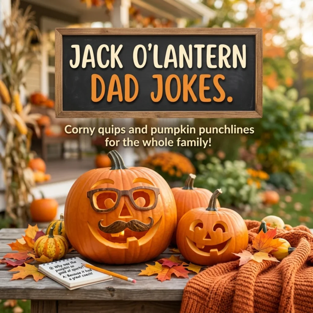 Jack O' Lantern dad jokes with funny pumpkin puns and family-friendly Halloween humor