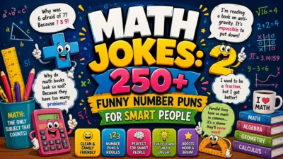 Math Jokes banner with 250+ funny number puns, calculators, equations, and playful math-themed humor