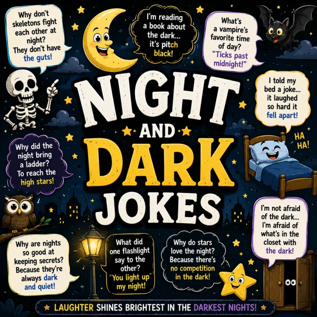 Night and Dark Jokes poster with moon, stars, owl, skeleton, bat, and funny nighttime humor