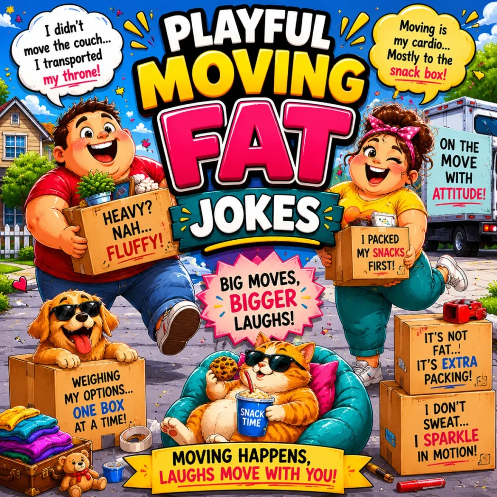 Playful Moving Fat Jokes poster with cartoon mover, moving boxes, truck, and funny family-friendly moving humor