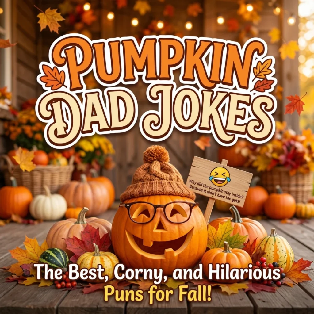 Pumpkin dad jokes with funny Halloween puns and smiling jack-o'-lanterns for family-friendly autumn laughs