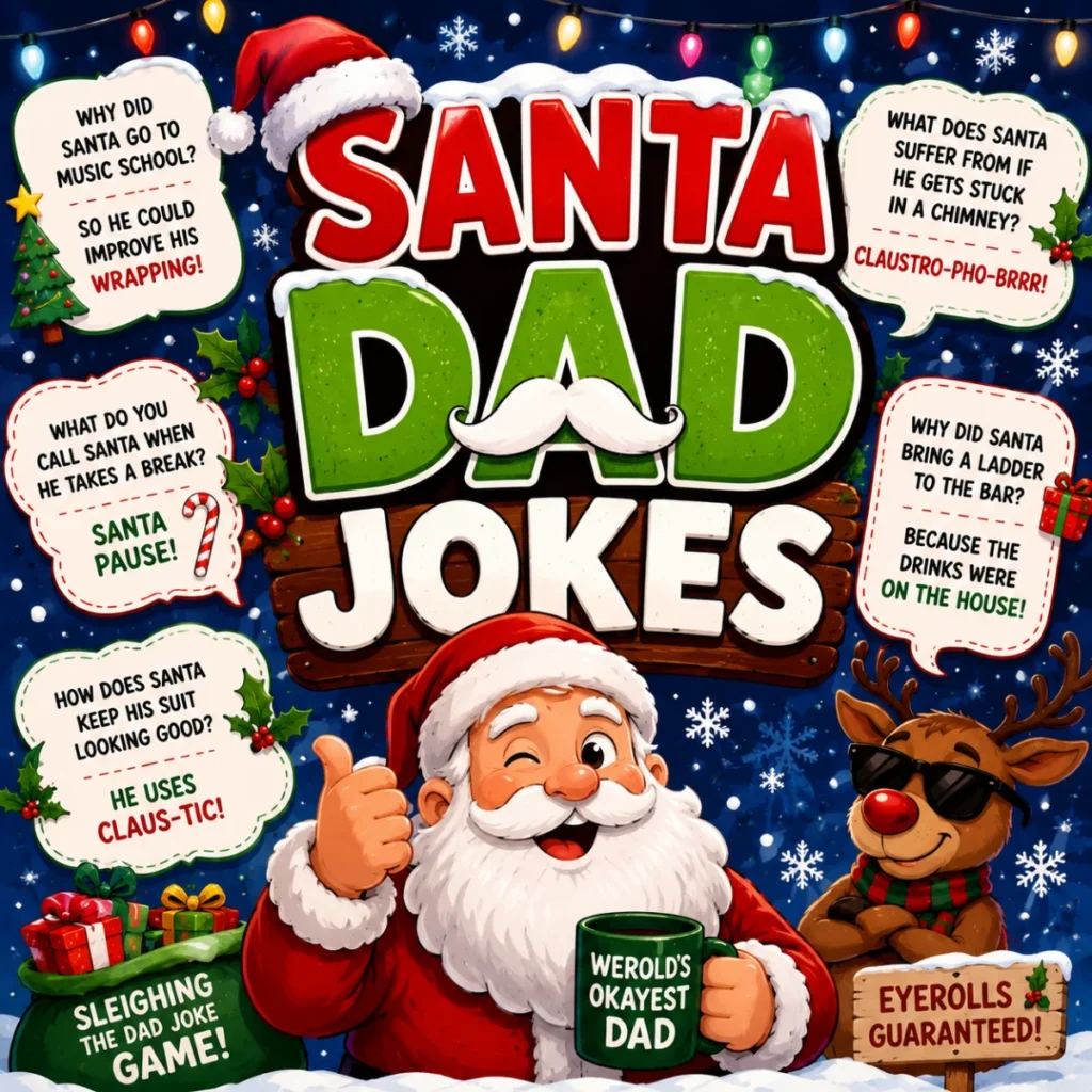 Santa Dad Jokes poster with cheerful Santa, reindeer, Christmas puns, and funny holiday dad jokes
