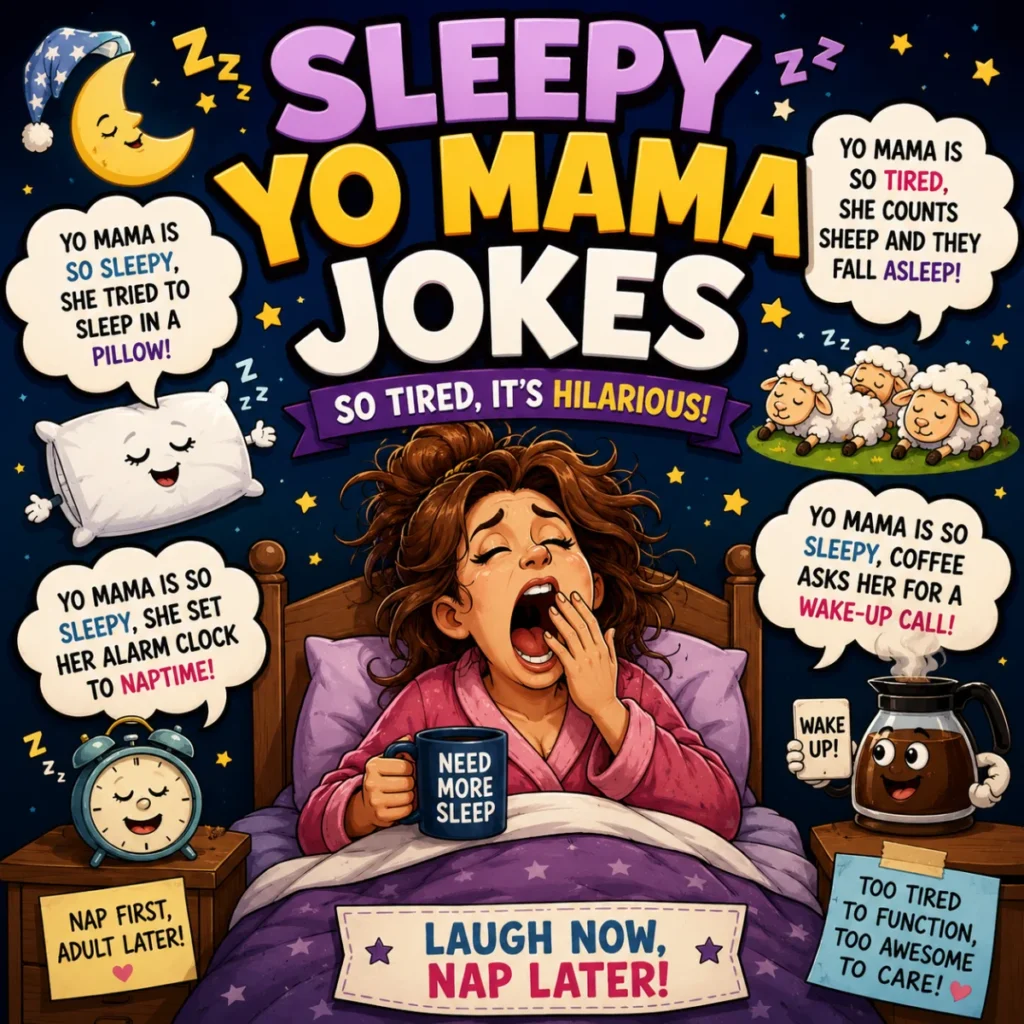 Sleepy Yo Mama Jokes poster with yawning mom, coffee mug, sheep, pillow, and funny clean sleep humor