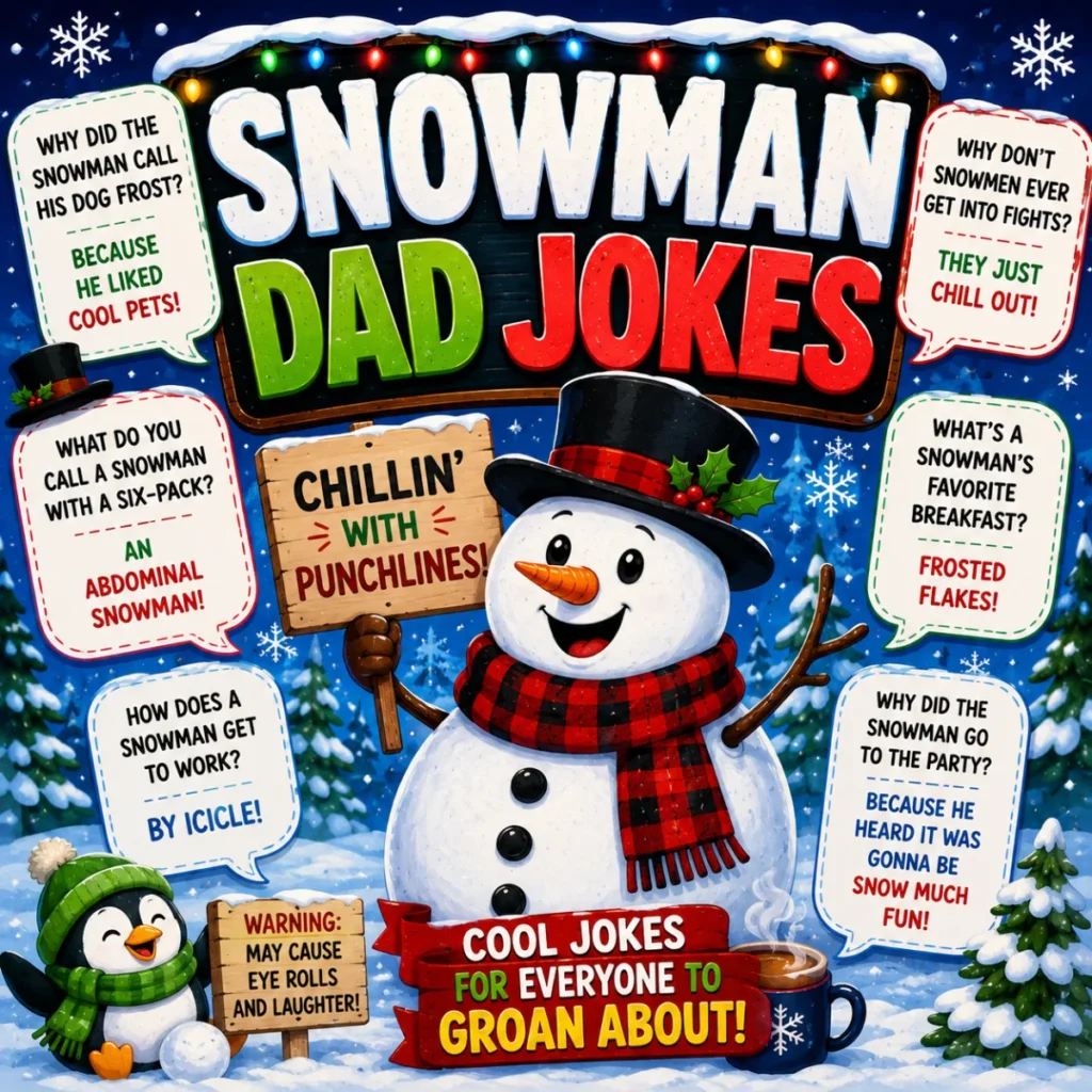 Snowman Dad Jokes poster with cheerful snowman, winter puns, snowy landscape, and family-friendly humor