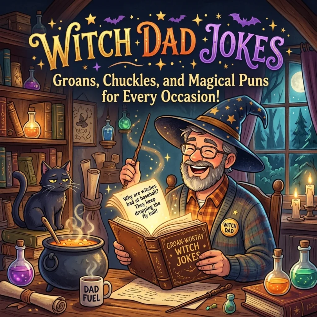 Witch dad jokes with funny Halloween puns, magical humor, and family-friendly laughs for spooky season