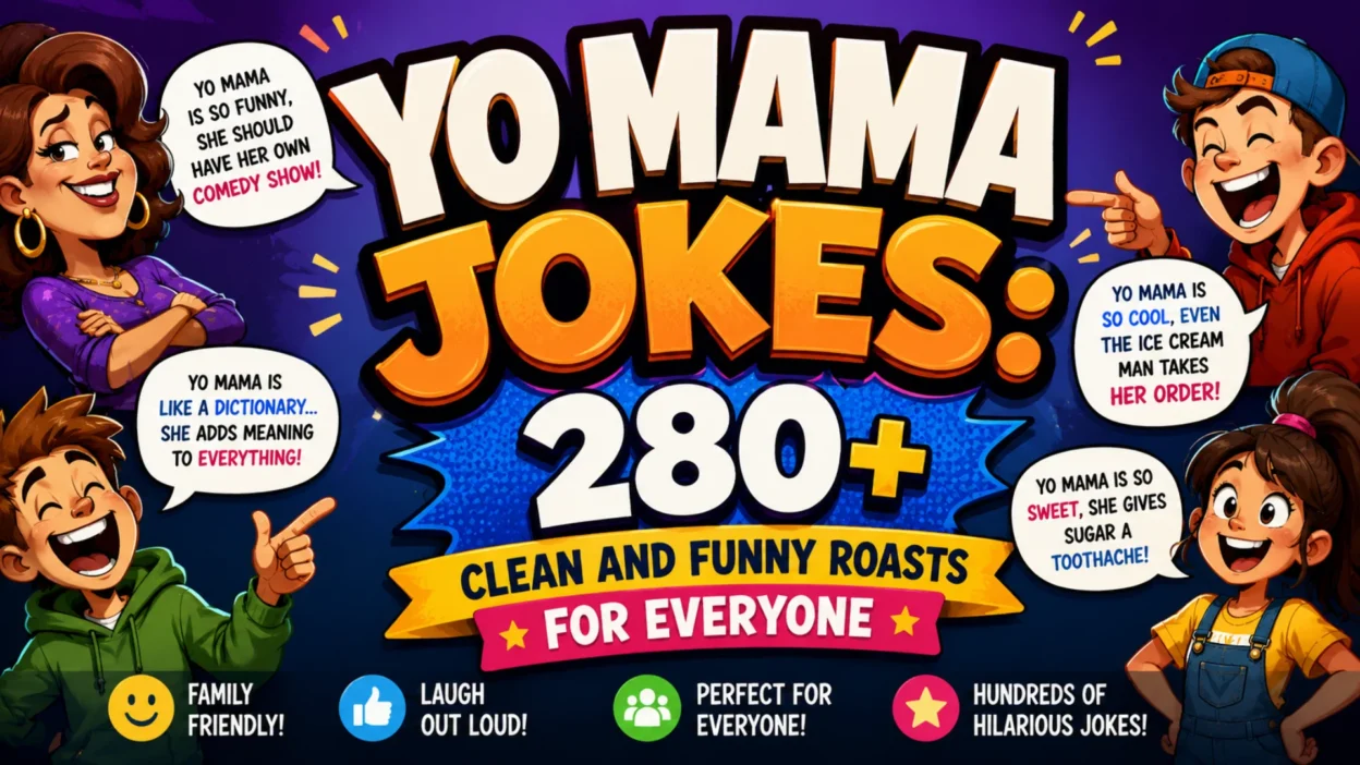 Yo Mama Jokes banner featuring 280+ clean and funny roasts with colorful cartoon characters and family-friendly humor