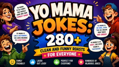 Yo Mama Jokes banner featuring 280+ clean and funny roasts with colorful cartoon characters and family-friendly humor
