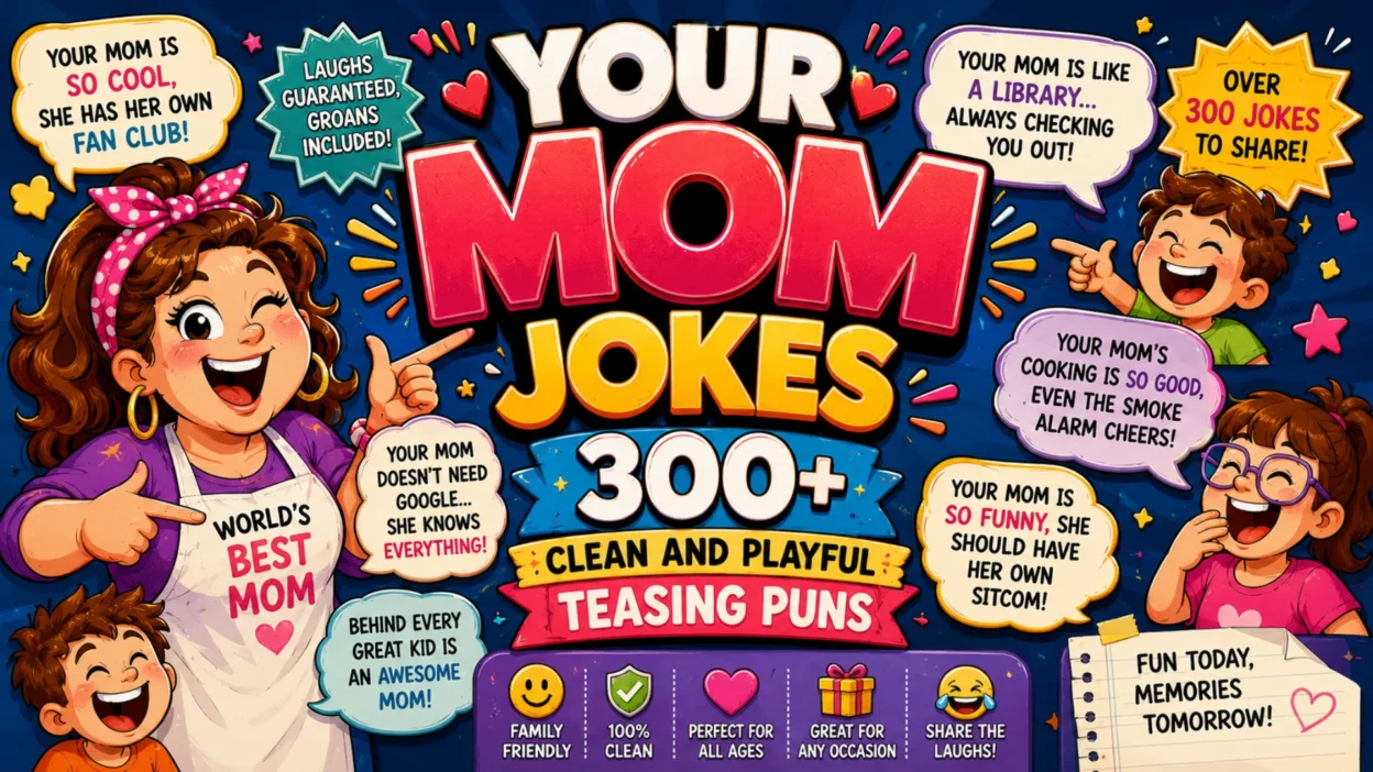 Your Mom Jokes banner with 300+ clean teasing puns, cheerful family-friendly characters, and playful humor