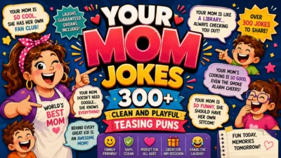 Your Mom Jokes banner with 300+ clean teasing puns, cheerful family-friendly characters, and playful humor