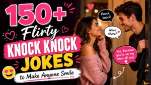 150+ flirty knock knock jokes with a smiling couple sharing playful conversation and romantic vibes