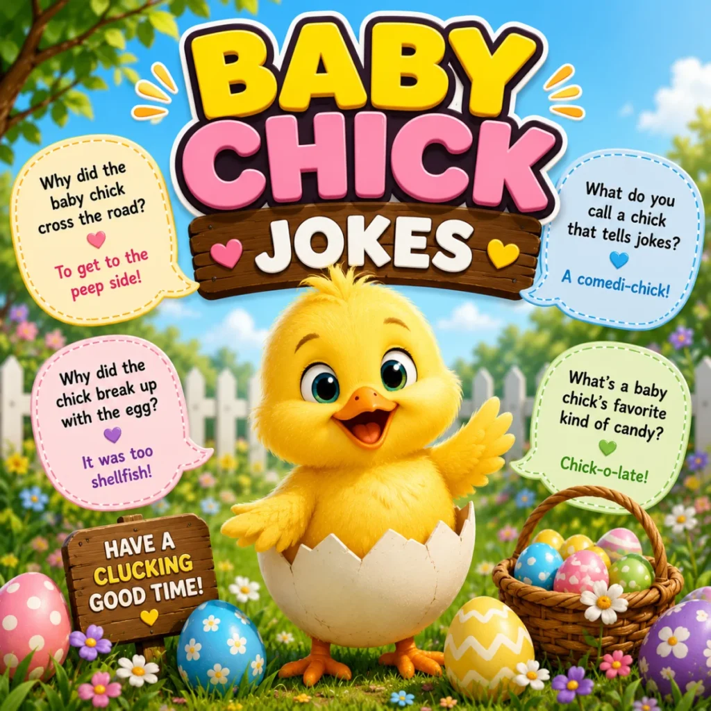 Cute baby chick hatching from an egg with funny baby chick jokes and colorful Easter eggs in a spring garden