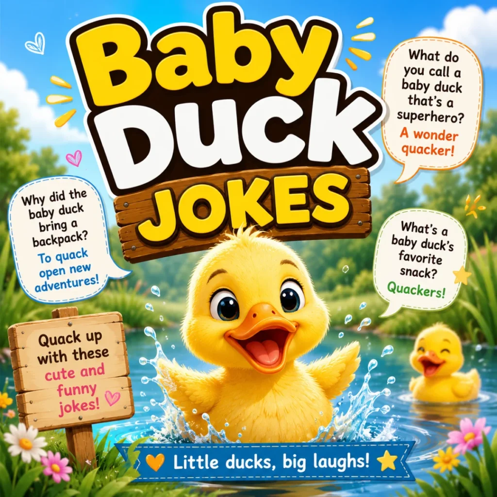 Cute baby duck cartoon with funny baby duck jokes and playful quack puns in a colorful pond scene