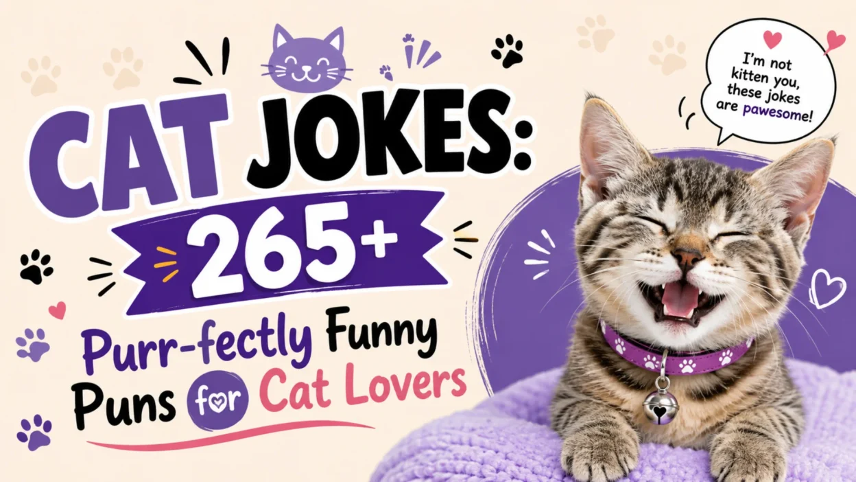 Cute smiling tabby kitten with Cat Jokes 265+ title and purr-fectly funny puns for cat lovers banner.