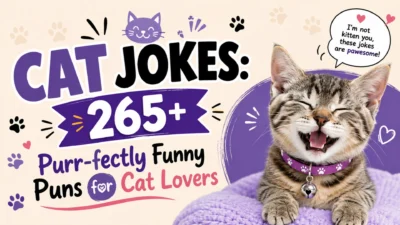 Cute smiling tabby kitten with Cat Jokes 265+ title and purr-fectly funny puns for cat lovers banner.